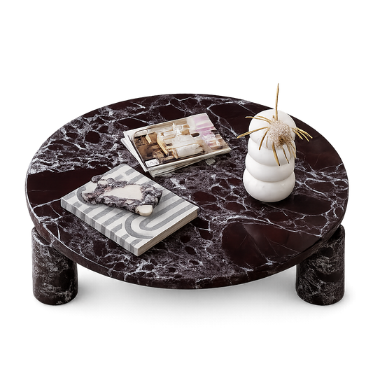 Marble coffee table used to compare natural and engineered stone furniture
