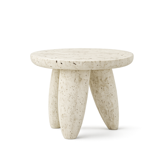 Front product view of the Orbis Mini Travertine Table by DORSA