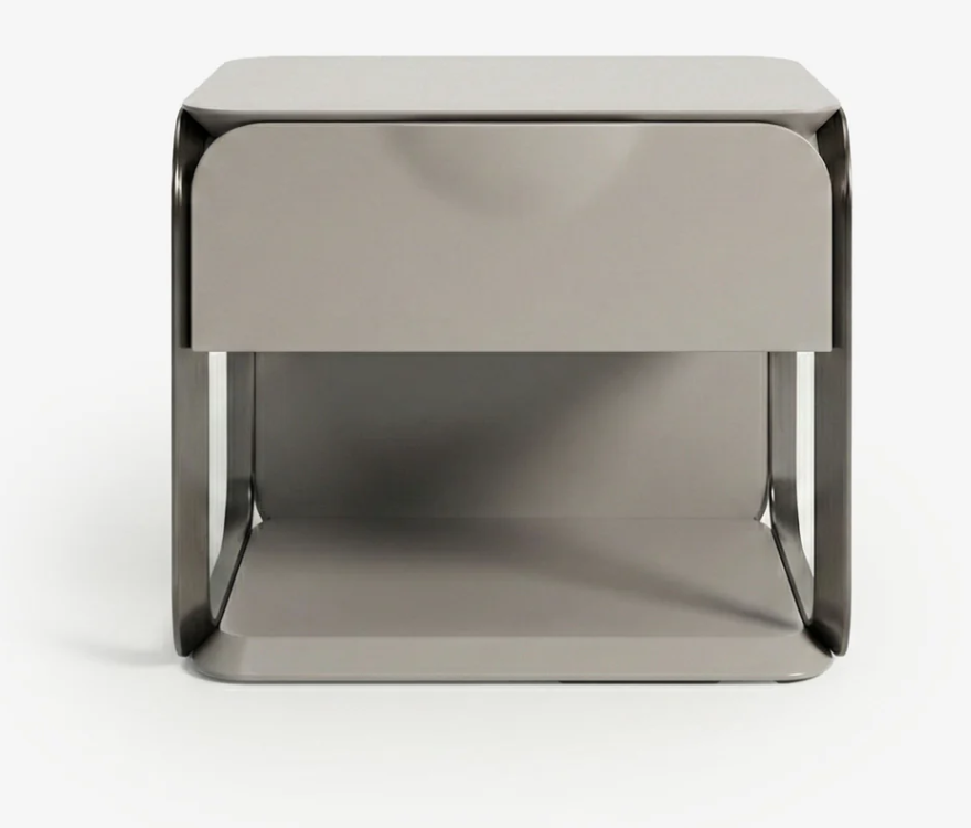 DORSA Lucente nightstand with high-gloss lacquer top and wrapped leather drawer