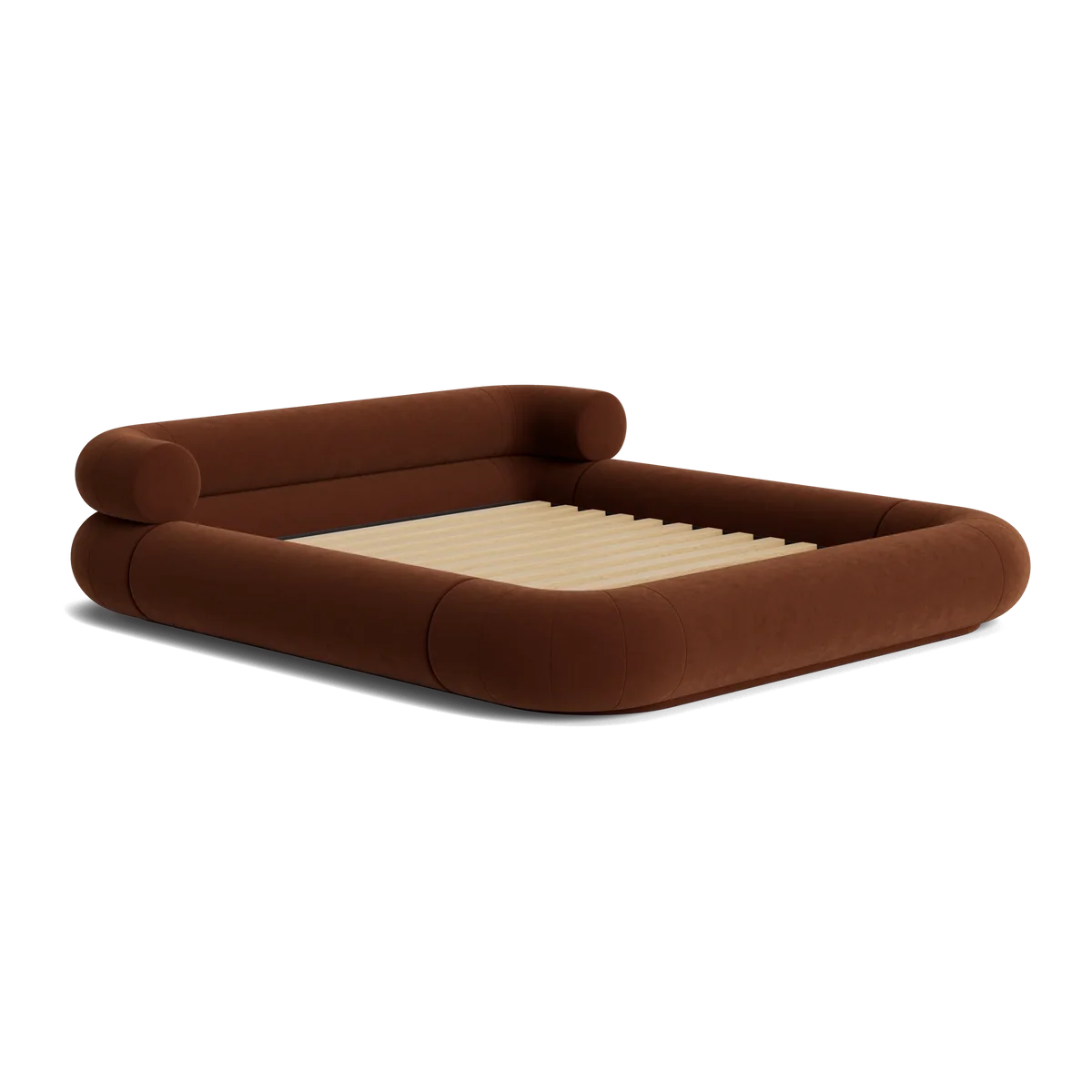 VELAR Sculptural Bed Frame in chocolate brown, three-quarter view
